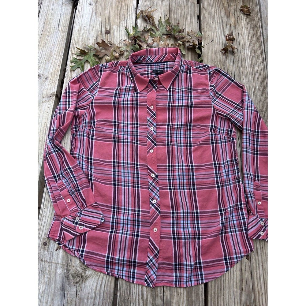 Pink Plaid‎ Classic Western Button Down Shirt long sleeve Women's Talbots Size L
